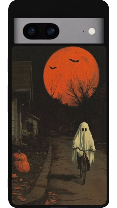 Coque Google Pixel 7a - Silicone rigide noir Halloween 2025 Ghost on a bicycle