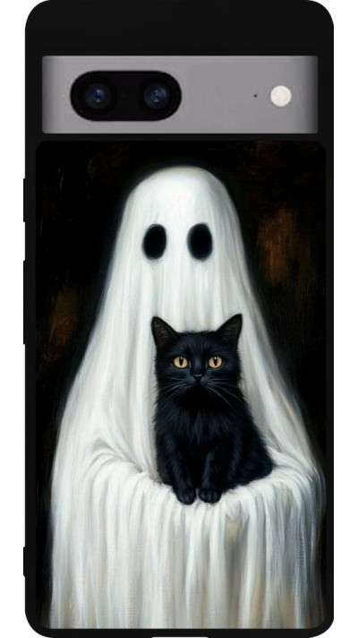 Coque Google Pixel 7a - Silicone rigide noir Halloween 2025 Ghost with black cat