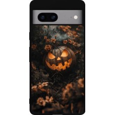 Coque Google Pixel 7a - Silicone rigide noir Halloween 2025 Pumpkin with flowers