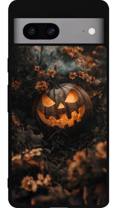 Coque Google Pixel 7a - Silicone rigide noir Halloween 2025 Pumpkin with flowers