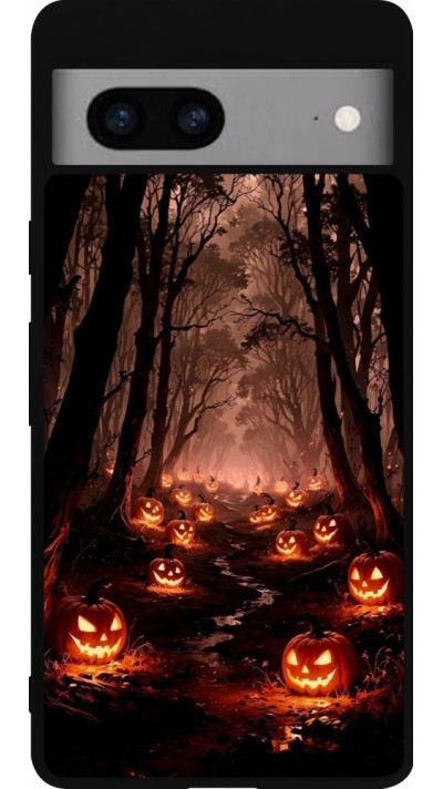 Coque Google Pixel 7a - Silicone rigide noir Halloween 2025 Road of Terrifying Pumpkins