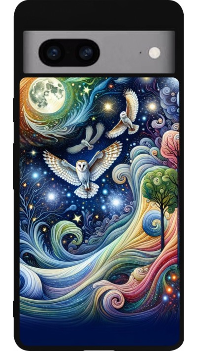 Coque Google Pixel 7a - Silicone rigide noir hibou volant floral