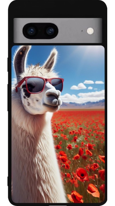 Coque Google Pixel 7a - Silicone rigide noir Lama Chic en Coquelicot