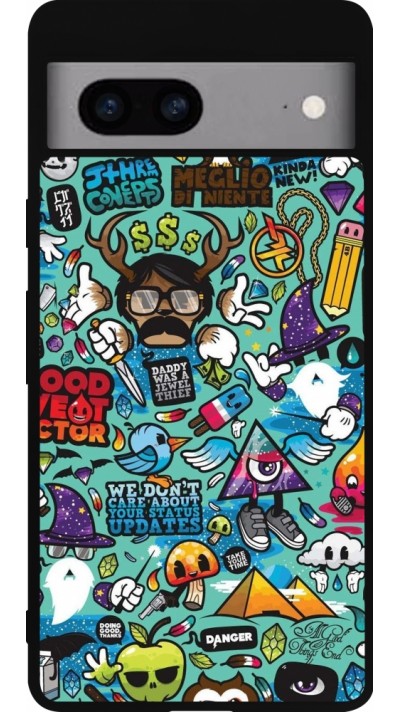 Coque Google Pixel 7a - Silicone rigide noir Mixed Cartoons Turquoise