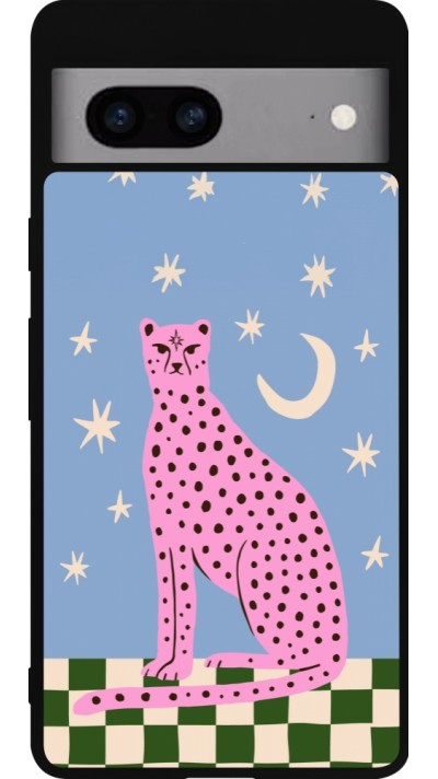 Coque Google Pixel 7a - Silicone rigide noir Pink leopard with stars 2026