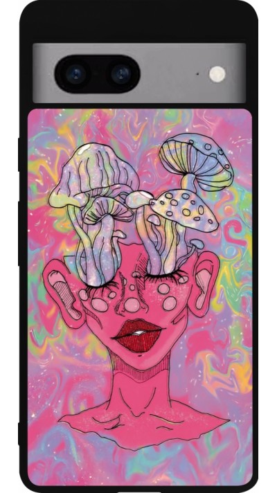 Coque Google Pixel 7a - Silicone rigide noir Psychedelic pink mushroom