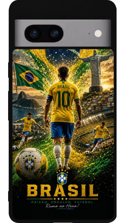 Coque Google Pixel 7a - Silicone rigide noir Football Brésil splash 2026