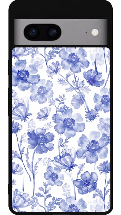 Coque Google Pixel 7a - Silicone rigide noir Spring 23 watercolor blue flowers