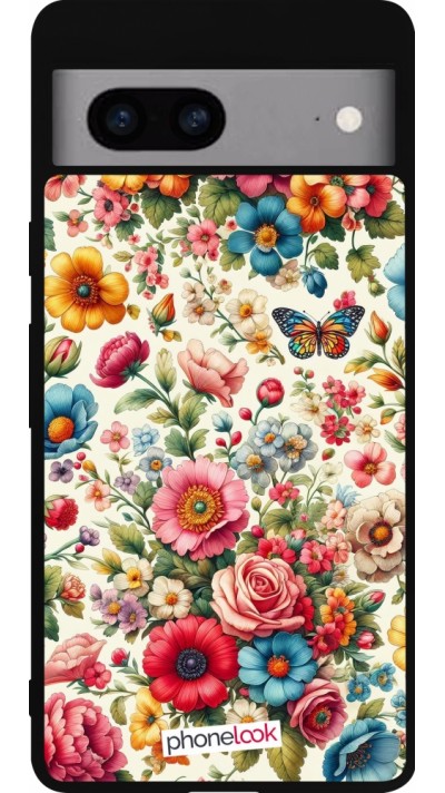 Coque Google Pixel 7a - Silicone rigide noir Spring 25 printemps fleuri