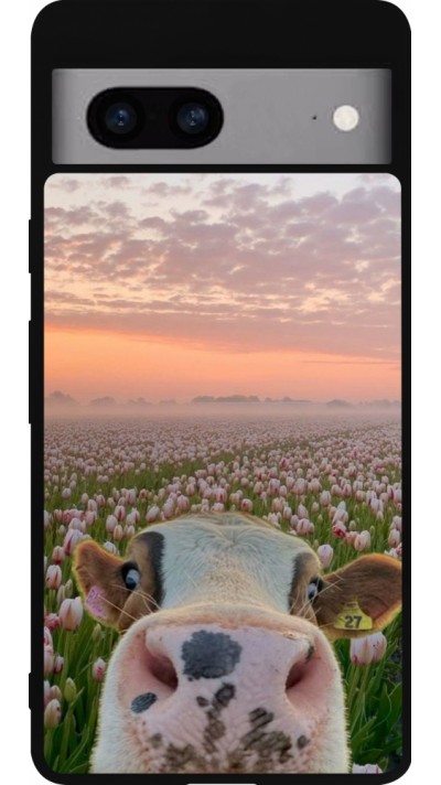 Coque Google Pixel 7a - Silicone rigide noir Cow with tulips Spring 2026