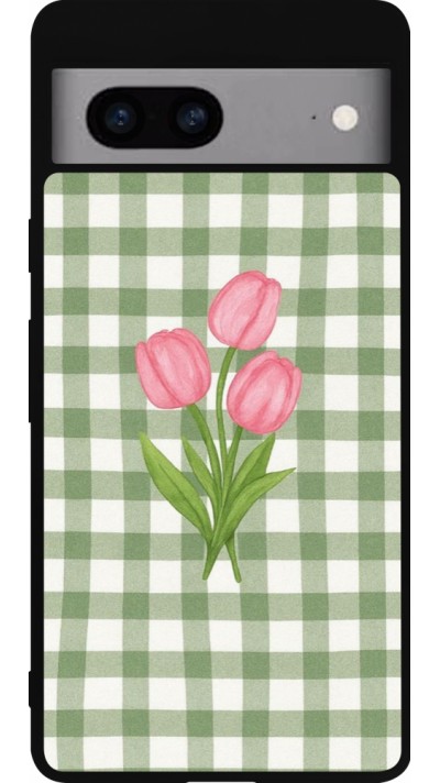 Coque Google Pixel 7a - Silicone rigide noir Green vichy tulips Spring 2026