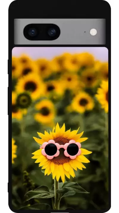 Coque Google Pixel 7a - Silicone rigide noir Sunflower with glasses Spring 2026