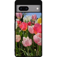 Coque Google Pixel 7a - Silicone rigide noir Tulips Spring 2026