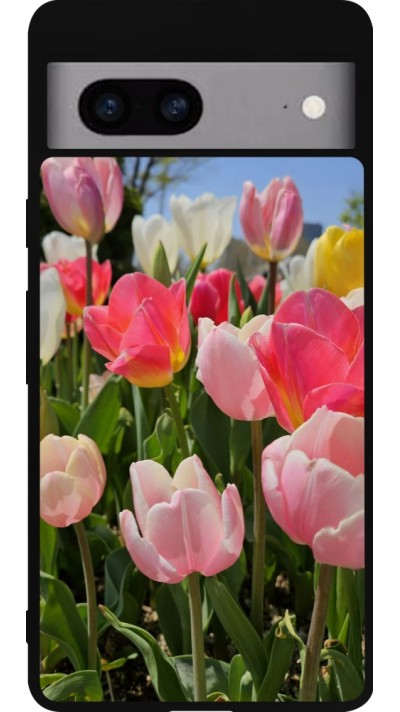 Coque Google Pixel 7a - Silicone rigide noir Tulips Spring 2026