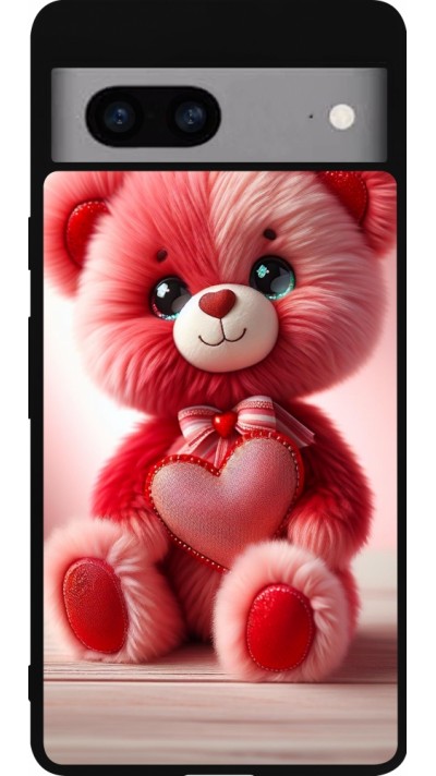 Coque Google Pixel 7a - Silicone rigide noir Valentine 2024 Ourson rose