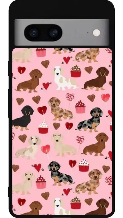 Coque Google Pixel 7a - Silicone rigide noir Valentine 2024 puppy love