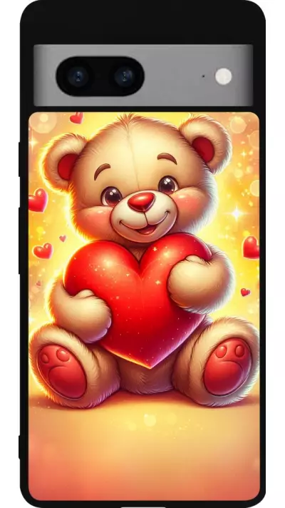Coque Google Pixel 7a - Silicone rigide noir Valentine 2024 Teddy love