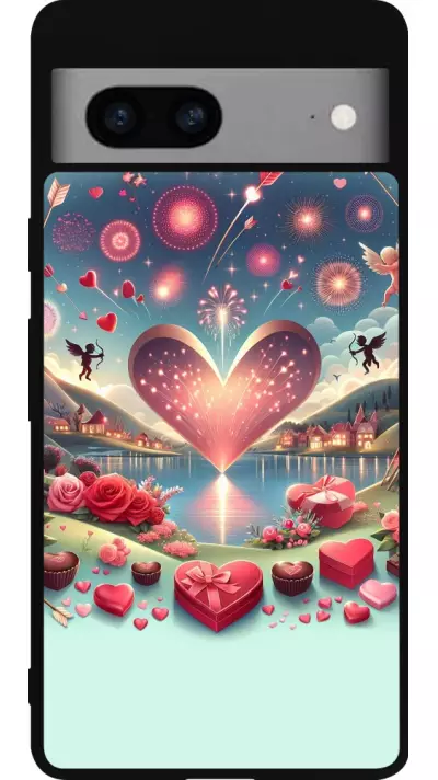 Coque Google Pixel 7a - Silicone rigide noir Valentine 2025 Chic
