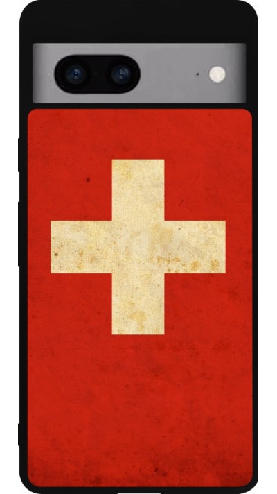 Coque Google Pixel 7a - Silicone rigide noir Vintage Flag SWISS