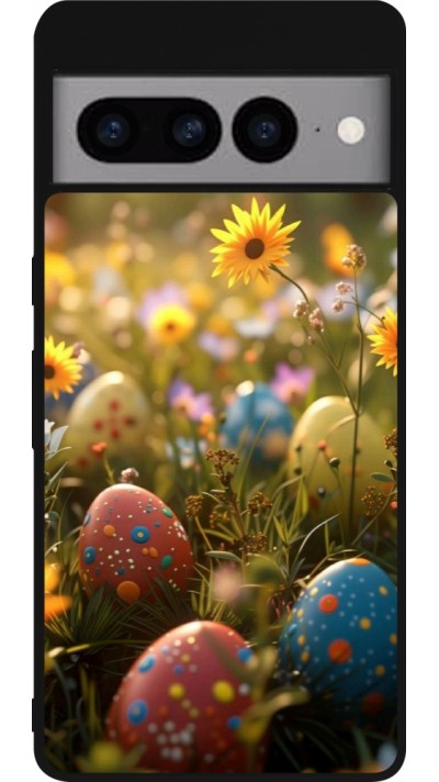 Coque Google Pixel 7 Pro - Silicone rigide noir Easter 2026 Decorated eggs