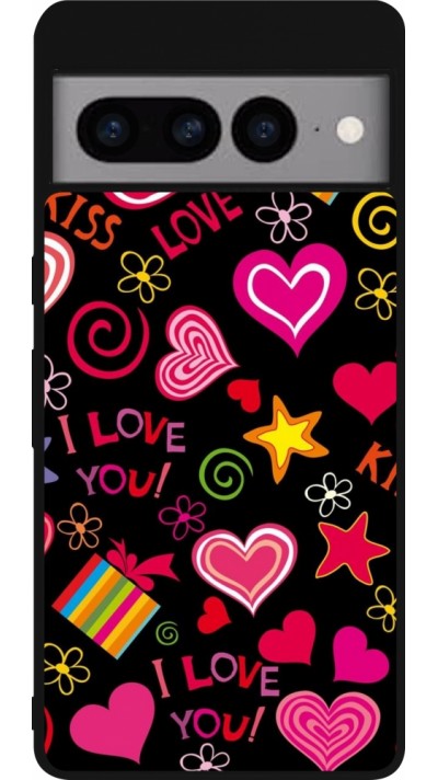 Coque Google Pixel 7 Pro - Silicone rigide noir Valentine 2023 love symbols