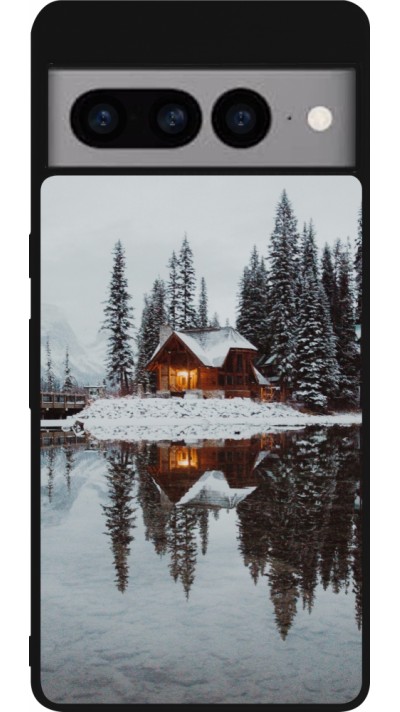 Coque Google Pixel 7 Pro - Silicone rigide noir Winter 25 Winter house forest afternoon