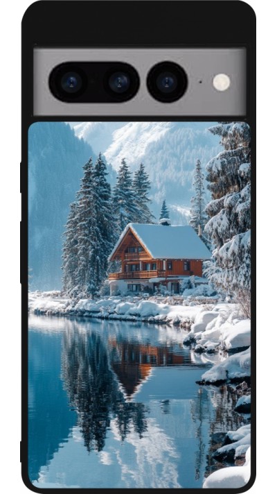Coque Google Pixel 7 Pro - Silicone rigide noir Winter 25 Winter house forest day