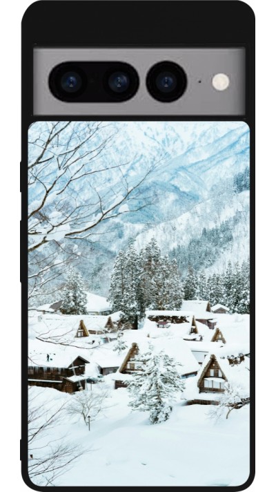 Coque Google Pixel 7 Pro - Silicone rigide noir Winter 25 Winter snowy landscape