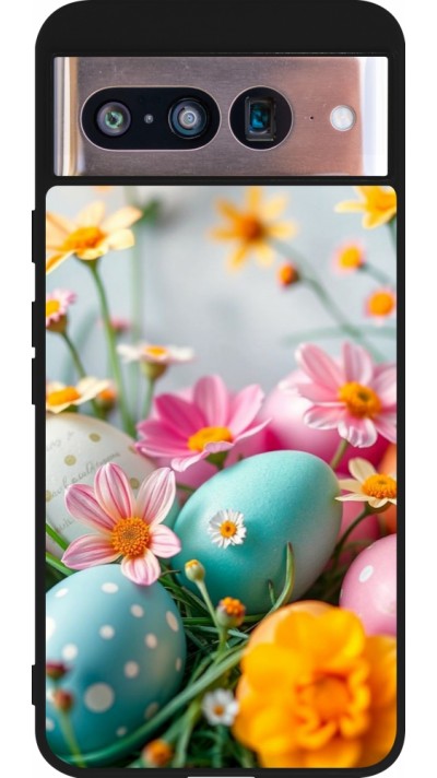 Coque Google Pixel 8 - Silicone rigide noir Easter 2026 Eggs with flowers