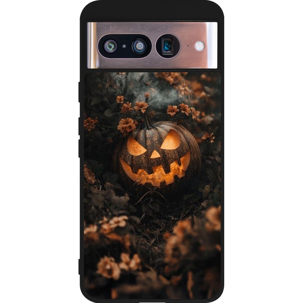 Coque Google Pixel 8 - Silicone rigide noir Halloween 2025 Pumpkin with flowers