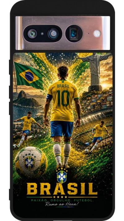 Coque Google Pixel 8 - Silicone rigide noir Football Brésil splash 2026