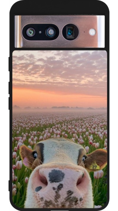 Coque Google Pixel 8 - Silicone rigide noir Cow with tulips 2026