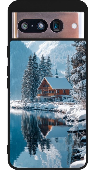 Coque Google Pixel 8 - Silicone rigide noir Winter 25 Winter house forest day
