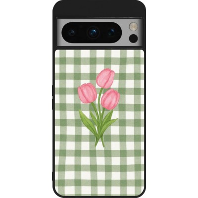 Coque Google Pixel 8 Pro - Silicone rigide noir Green vichy tulips Spring 2026