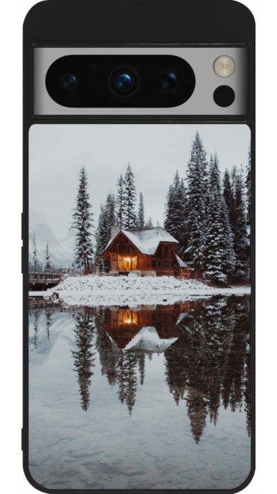 Coque Google Pixel 8 Pro - Silicone rigide noir Winter 25 Winter house forest afternoon