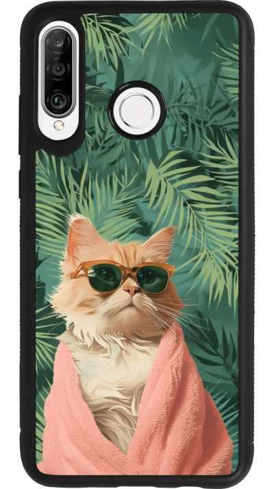 Huawei P30 Lite Case Hülle - Silikon schwarz Cat Summer Palms