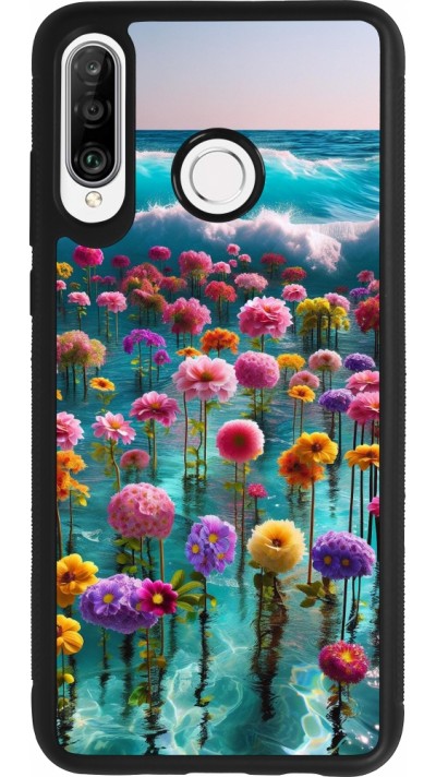 Huawei P30 Lite Case Hülle - Silikon schwarz Blumenmeer Wellen