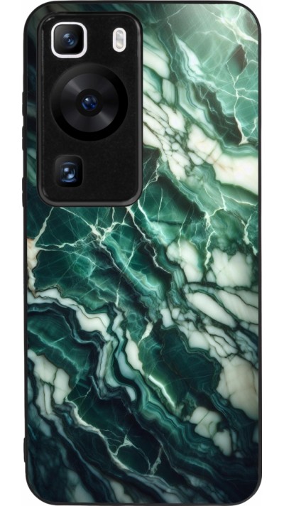 Coque Huawei P60 - Silicone rigide noir Marbre vert majestueux