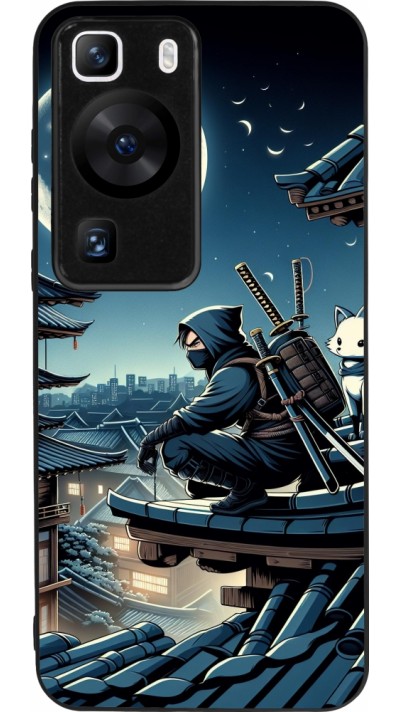 Coque Huawei P60 - Silicone rigide noir Ninja sous la lune