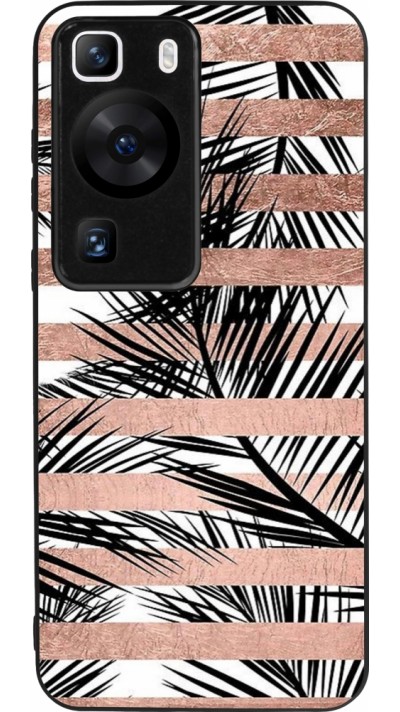 Coque Huawei P60 - Silicone rigide noir Palm trees gold stripes