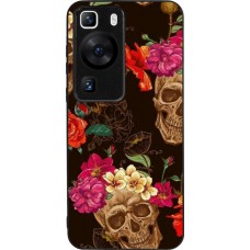 Huawei P60 Case Hülle - Silikon schwarz Skulls and flowers