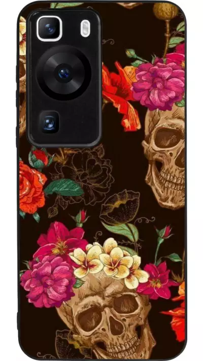 Coque Huawei P60 - Silicone rigide noir Skulls and flowers