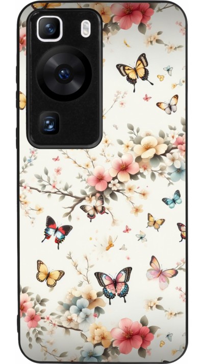 Coque Huawei P60 - Silicone rigide noir Spring 25 Papillons Légers