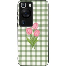Coque Huawei P60 - Silicone rigide noir Green vichy tulips Spring 2026