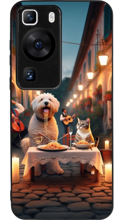 Huawei P60 Case Hülle - Silikon schwarz Valentin 2024 Hund & Katze Kerzenlicht