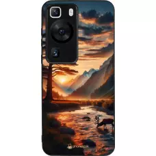 Coque Huawei P60 - Silicone rigide noir Valley Sunset Deer Tree