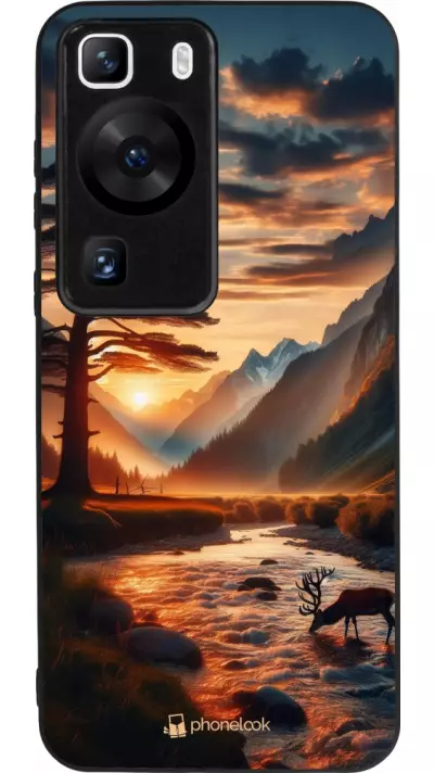 Coque Huawei P60 - Silicone rigide noir Valley Sunset Deer Tree