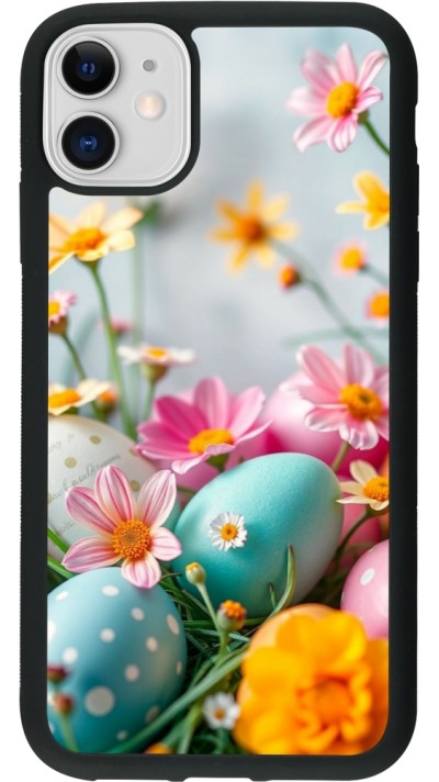 Coque iPhone 11 - Silicone rigide noir Easter 2026 Eggs with flowers