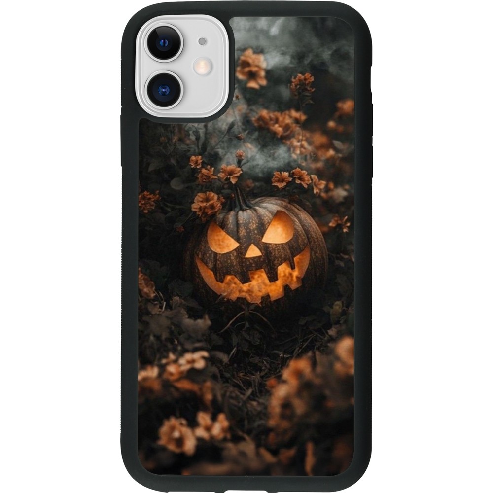 Coque iPhone 11 - Silicone rigide noir Halloween 2025 Pumpkin with flowers