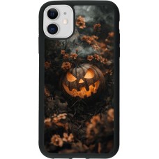 Coque iPhone 11 - Silicone rigide noir Halloween 2025 Pumpkin with flowers